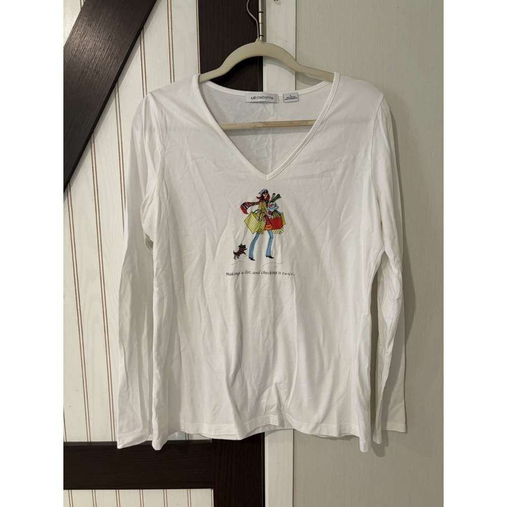 Liz Claiborne Making A List Checking It Twice V-Neck T-Shirt White Large
